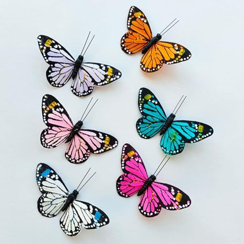 6 Artificial Feather Butterflies with Clips for Crafts & Decor