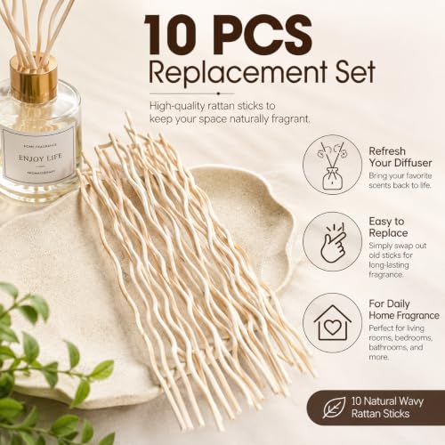Veloshine Wavy Rattan Reed Diffuser Sticks - Natural Brown, 10 Pack