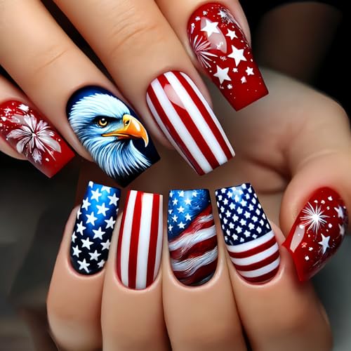 4th of July Medium Coffin Press on Nails - USA Flag & Star Design