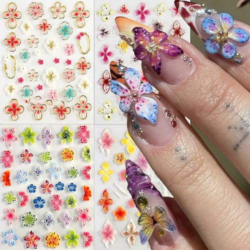 5D Embossed Hawaiian Flower Nail Stickers Lily Hibiscus Decals (4 Sheets)