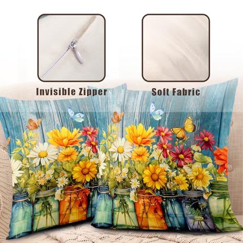 Daisy Floral Pillow Covers 18x18, Set of 2 - Rustic Spring Decor