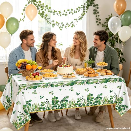 TJYJOY 3-Pack Sage Green Eucalyptus Leaf Plastic Tablecloths 51x86 In