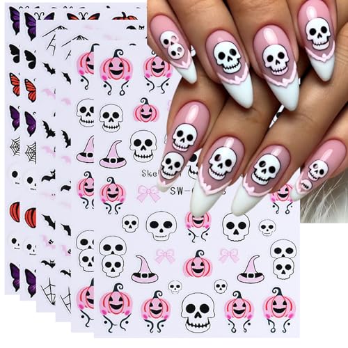 TailaiMei 6 Sheets Halloween Nail Stickers Pumpkin Bat Self-Adhesive Decals