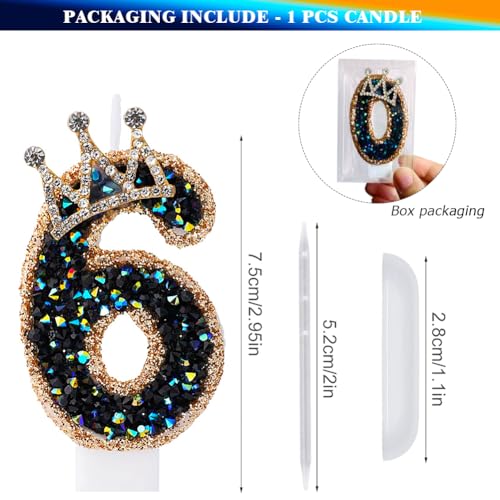 Number 6 Birthday Candle Black Diamond Crown Cake Topper for Party