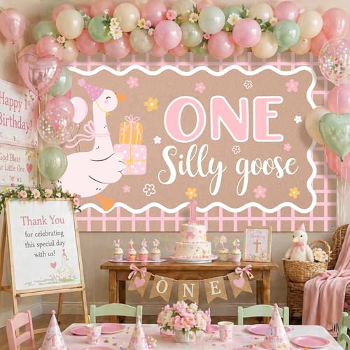 One Silly Goose 1st Birthday Backdrop - 6.1 x 3.6 ft Pink Polyester Banner