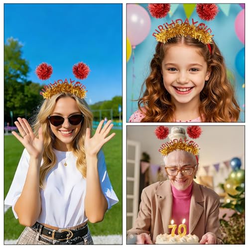 Jaciya Birthday Girl Tinsel Headband with Red Pom Poms and Gold Glitter