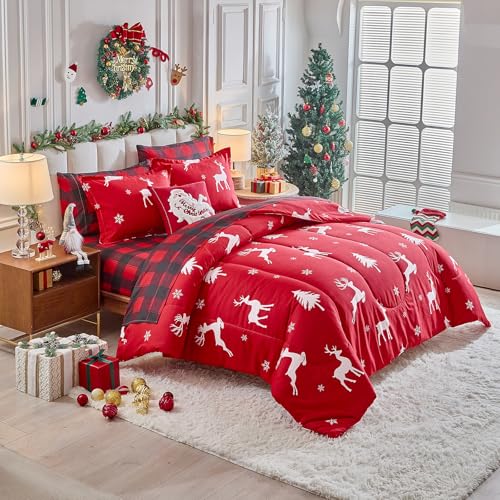 Christmas Bed in a Bag 6 Pieces Twin Set Deer Red Snowflake Holiday Bedding - Deer Red / Twin-6 Pieces