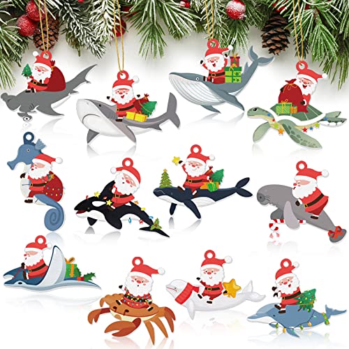 12 Pcs Wooden Christmas Sea Life Ornaments - Santa Ocean Animal Decorations
