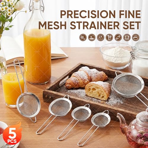 5-Piece Stainless Steel Fine Mesh Strainer Set for Baking & Cooking