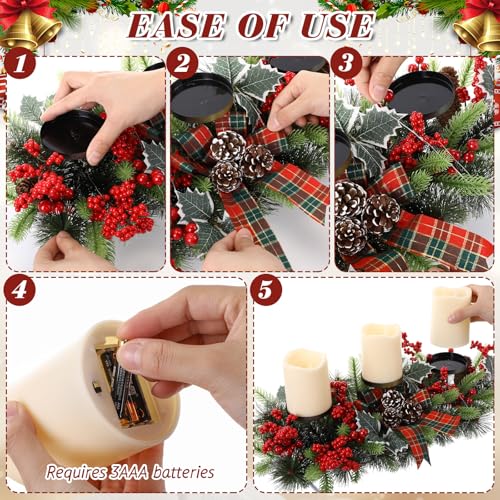 Baquler 3 LED Christmas Candle Centerpiece Battery Pine Red and Green