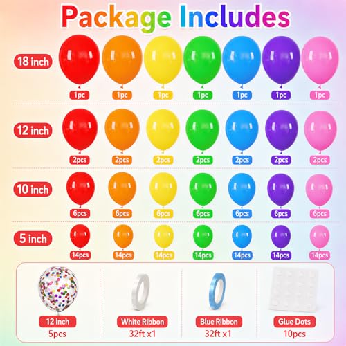 178-Piece Rainbow Balloon Arch Kit, Colorful Latex Garland for Parties