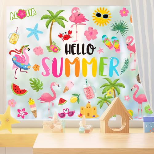 9 Sheets Hello Summer Flamingo Window Clings - Tropical Beach Decor