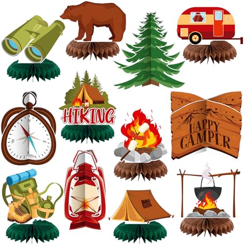 Happy Camper Honeycomb Centerpieces - 12 Pcs Camping Party Decor
