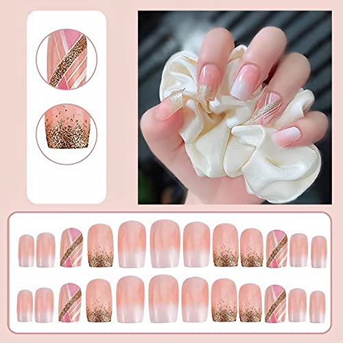 Medium Square Gradient French Press on Nails Glossy False Nails 24PCS