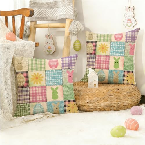 Easter Bunny Pillow Cover 18x18 Inch, Colorful Buffalo Plaid Linen Case