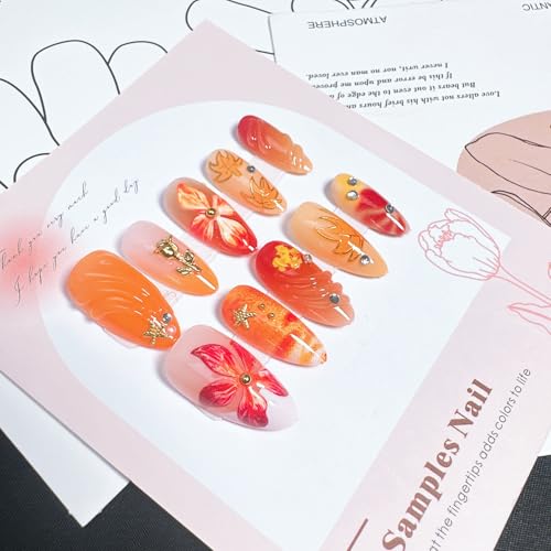 Fall Press on Nails Medium Almond White French Tip Fake Nails with Charms