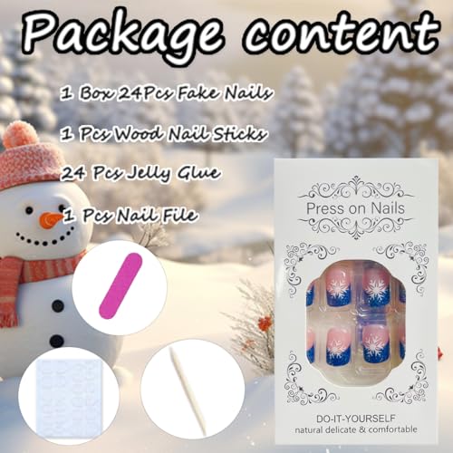 Christmas Press On Nails Short Square Blue Glitter French Fake Nails
