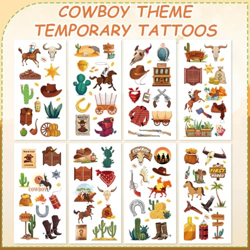 Rodeo Cowboy Temporary Tattoos Waterproof Party Favors 8 Sheets