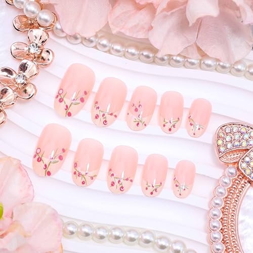 Short Almond French Tip Press on Nails with Pink Floral Design