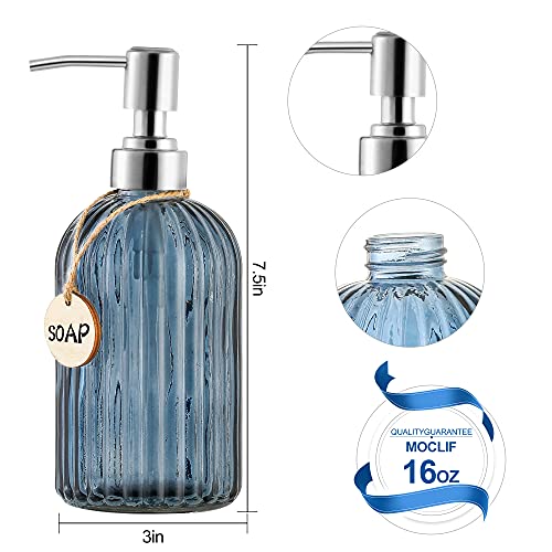 MOCLIF 16 oz Tempered Glass Soap Dispenser, Blue Grey Vertical Stripe