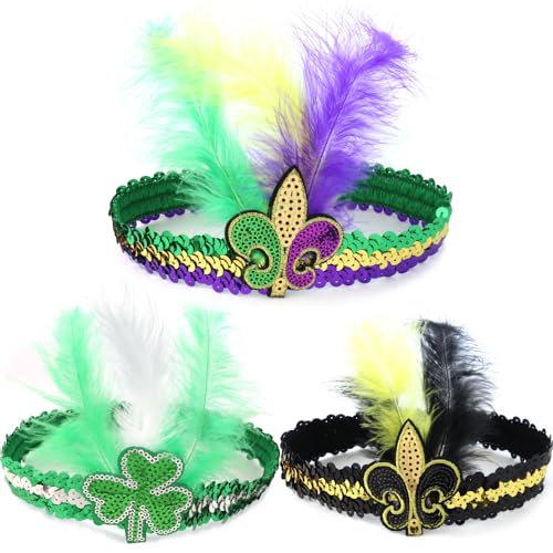 Mardi Gras Fleur De Lis Headband 3-Piece Sequins Feather Hair Band