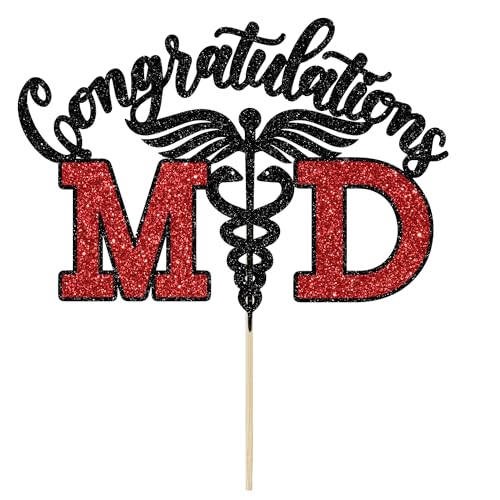 Congrats MD Cake Topper Black and Red Glitter Medical School Graduation Party
