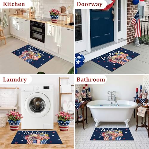 Patriotic Floral Welcome Door Mat 17"x30", American Flag Glass Bottle