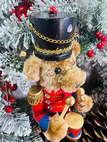 14-Inch Handcrafted Wooden Nutcracker Doll - Teddy Bear Drummer
