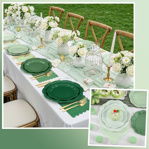 NatNarr Sage Green Plates & Napkins Set for Parties, 24 Guests, Scalloped Edges