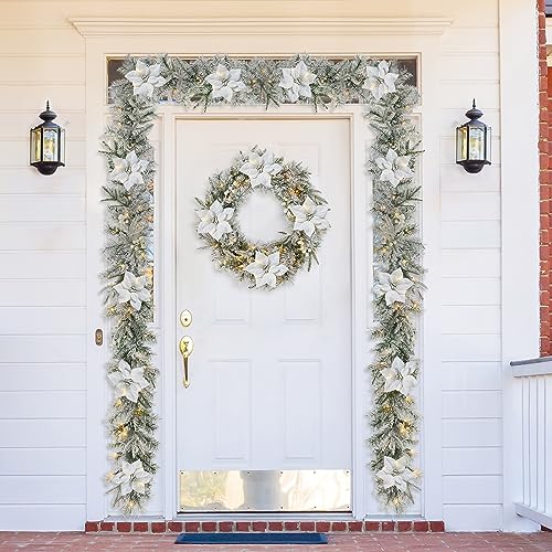 Poinsettia 24-Inch Christmas Wreath with Lights and Timer - Snow Flocked Greenery