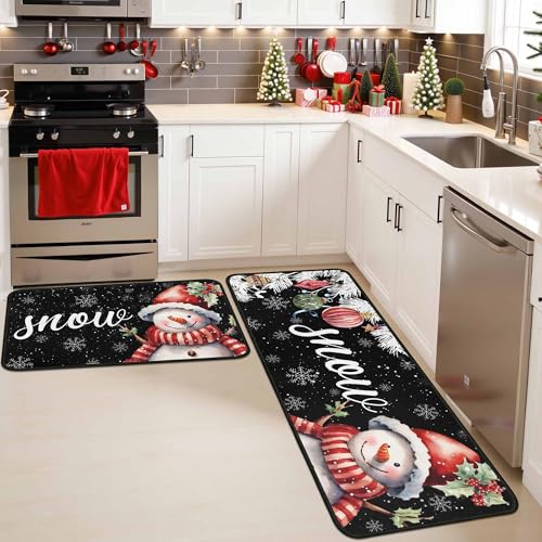 Black Snowman Snowflake Christmas Kitchen Rugs Set of 2 - 17x47 and 17x30 Inches, Non-Slip Holiday Floor Mats for Home & Kitchen, Variation: Black / 1'5" x 3'11"