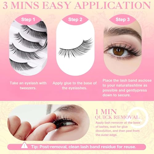 Natural False Eyelashes 10 Pairs - Soft Cotton Band Reusable Strip Lashes