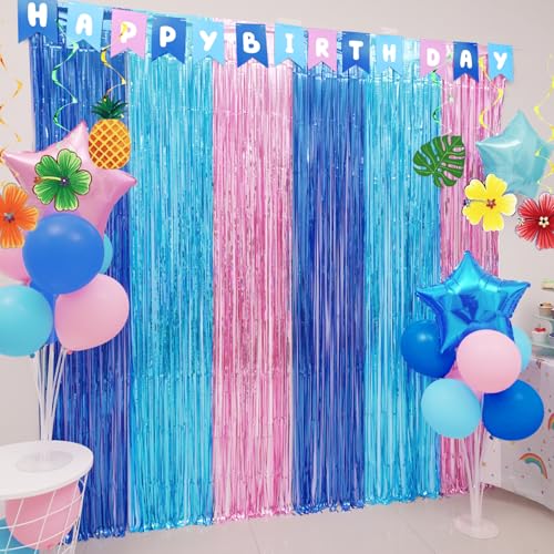 Cartoon Birthday Party Fringe Curtains - Blue & Pink Tinsel Backdrop, 2 Pack