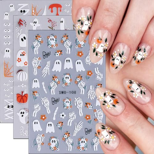 5D Embossed Halloween Nail Stickers, Ghost Spider Web Pumpkin Nail Decals