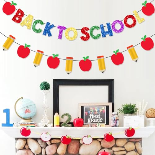 Pre-Strung Welcome Back to School Banner with Glitter Pencil Apple