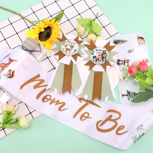 Woodland Baby Shower Decorations Mom to Be Sash and Corsage Pins Set