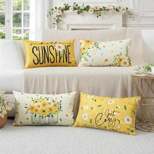 Daisy Flower Throw Pillow Covers Set of 4, 12x20 Inch - Summer Floral Decor