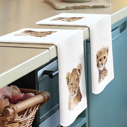 Leopard Lion Kids Hand Towels Set 16x24 Inch Waffle Kitchen Dish Towels