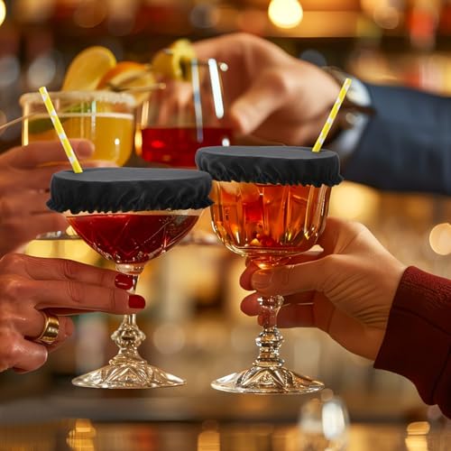 10 PCS Universal Drink Cover Scrunchies, Washable Universal Drink Protector Cap, Reusable Elastic Drink Protector with Straw Hole for Alcohol Safety Cups Glasses Polyester Cup Covers (Black)