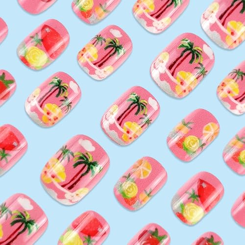 Short Square Palm Tree Press on Nails Glossy Summer Tropical Acrylic Nails