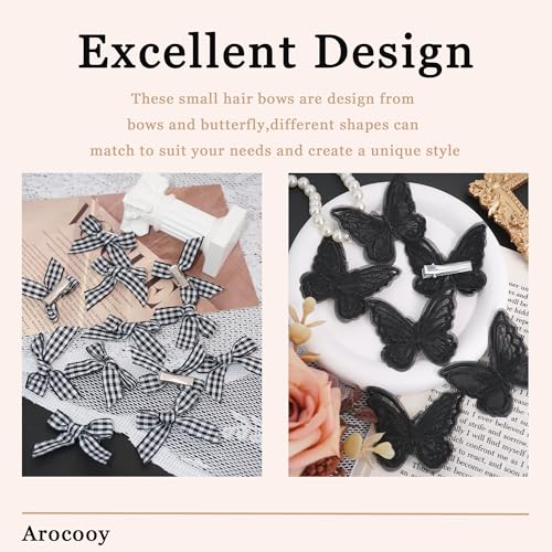 AROCOOY 18PCS Black Bow and Butterfly Hair Clips Gingham Hair Bows