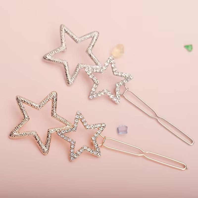 Silver Bling Rhinestone Star Hair Clips Set - 2Pcs Metal Geometric Barrettes
