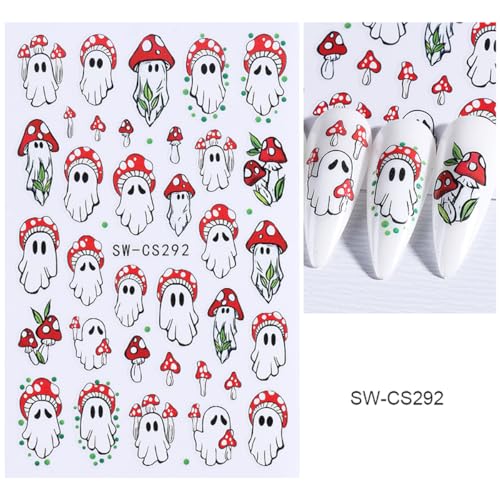 QUNQINLI 2 Sheets 3D Halloween Ghost and Mushroom Nail Art Stickers