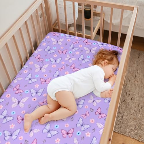 JISEN Purple Butterfly Fitted Crib Sheet - Soft & Washable 52x28 Inch