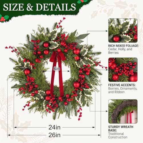24 Inch Christmas Wreath with Artificial Eucalyptus & Red Bow for Front Door Holiday Decor - Variation of This Listing