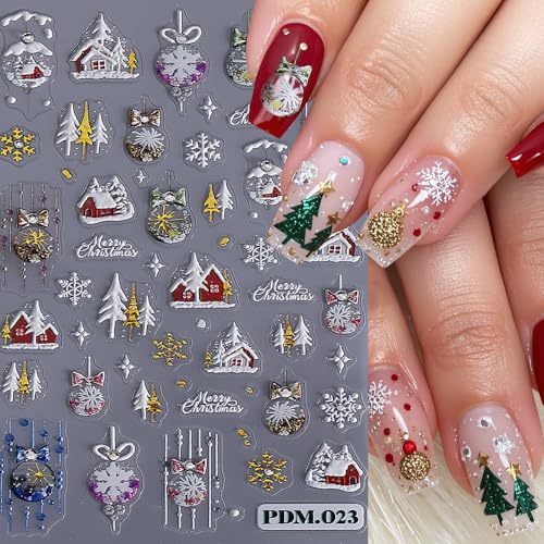 5D Embossed Winter Snowflake Nail Stickers Decals - 3 Sheets Christmas Holiday Nail Art Design