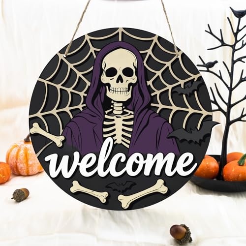EoffIvan Halloween Wooden Door Sign Skull Hanging Decor for Front Door