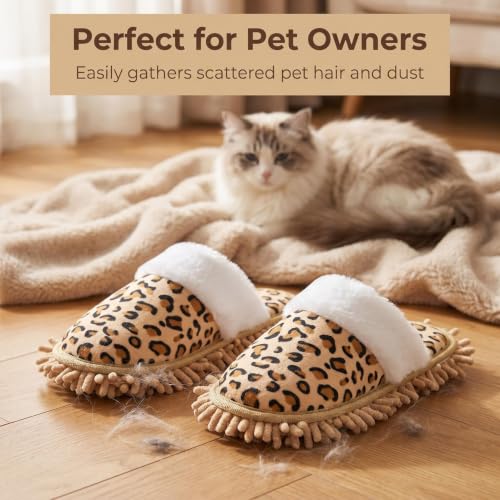 Yusarinl Microfiber Mop Slippers Reusable Washable Floor Cleaning Shoes - Leopard Print, US Women 5.5-9 / Men 6-7
