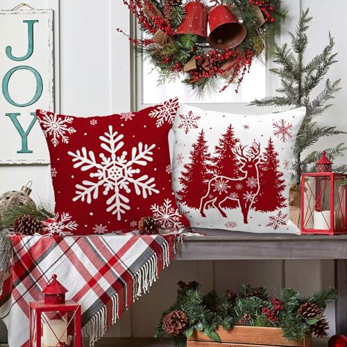 Christmas Pillow Covers Set of 4 - 24x24 Red Holiday Cushion Covers - Festive Decor