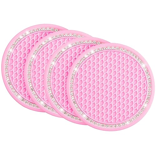 Pink Crystal Rhinestone Car Coasters - 2 Pack Anti-Slip Inserts